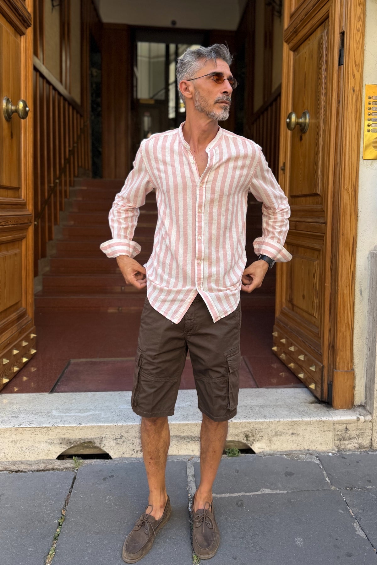 Four Brothers - Camicia Riga Larga Coreana Rosa