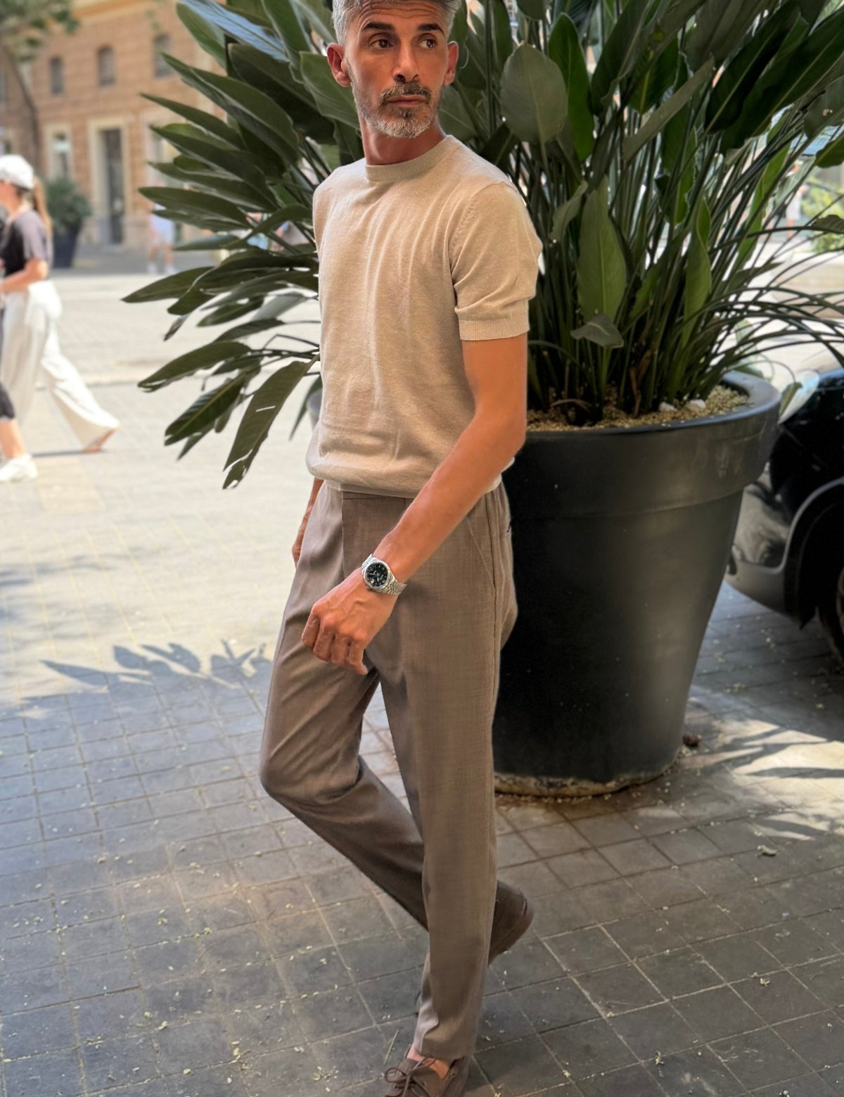 T-shirt Misto Lino Beige - look completo laterale