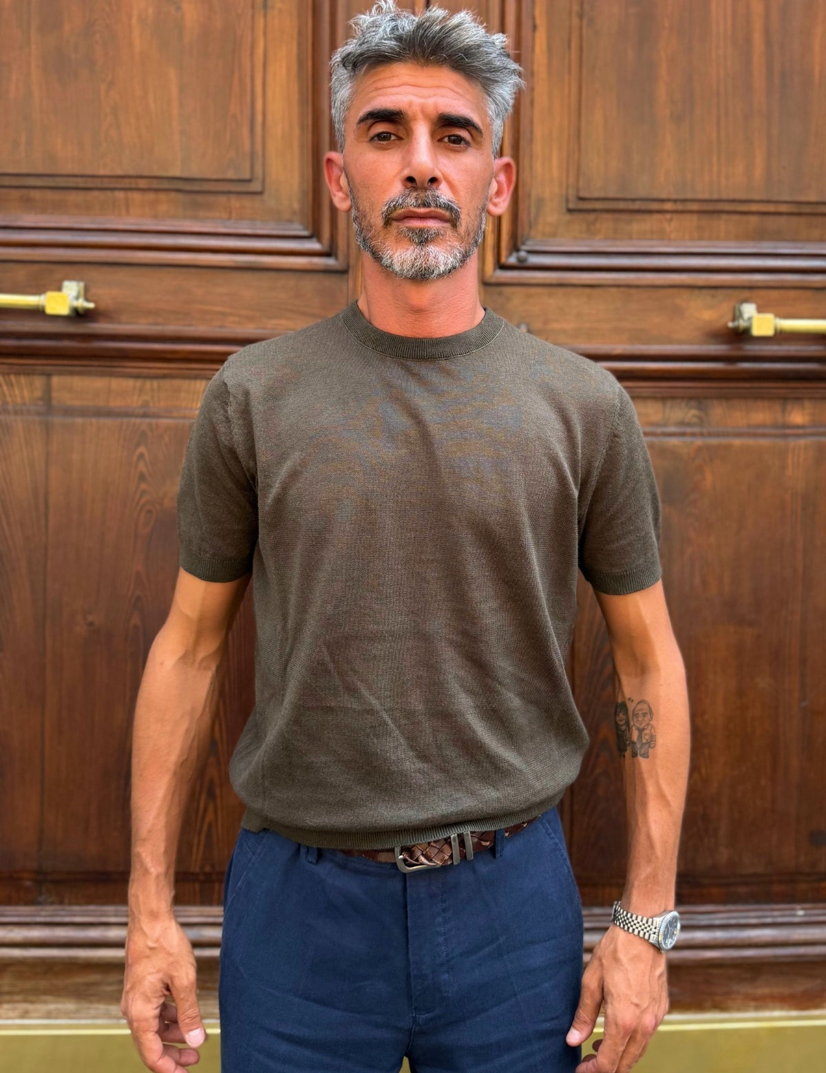 T-shirt Misto Lino Verde Militare - vista frontale