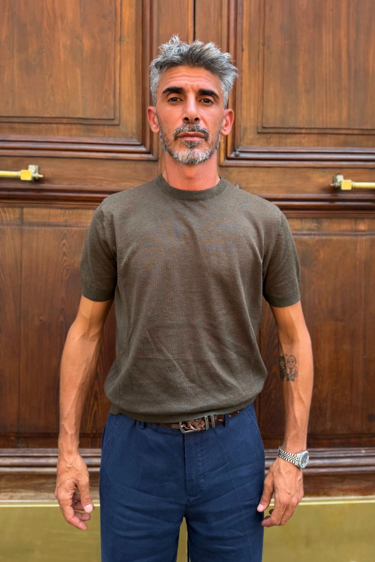 T-shirt Misto Lino Verde Militare - vista frontale