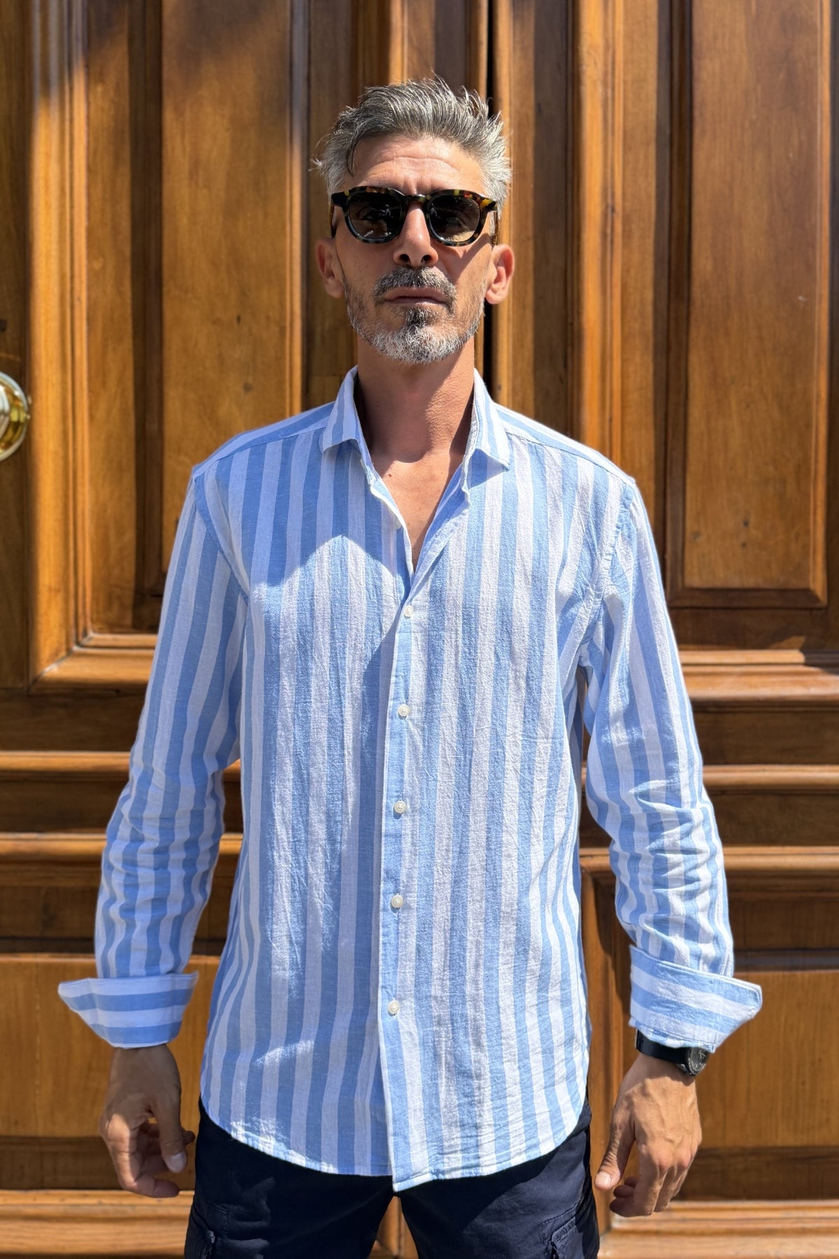 Four Brothers - Camicia Riga Larga Celeste