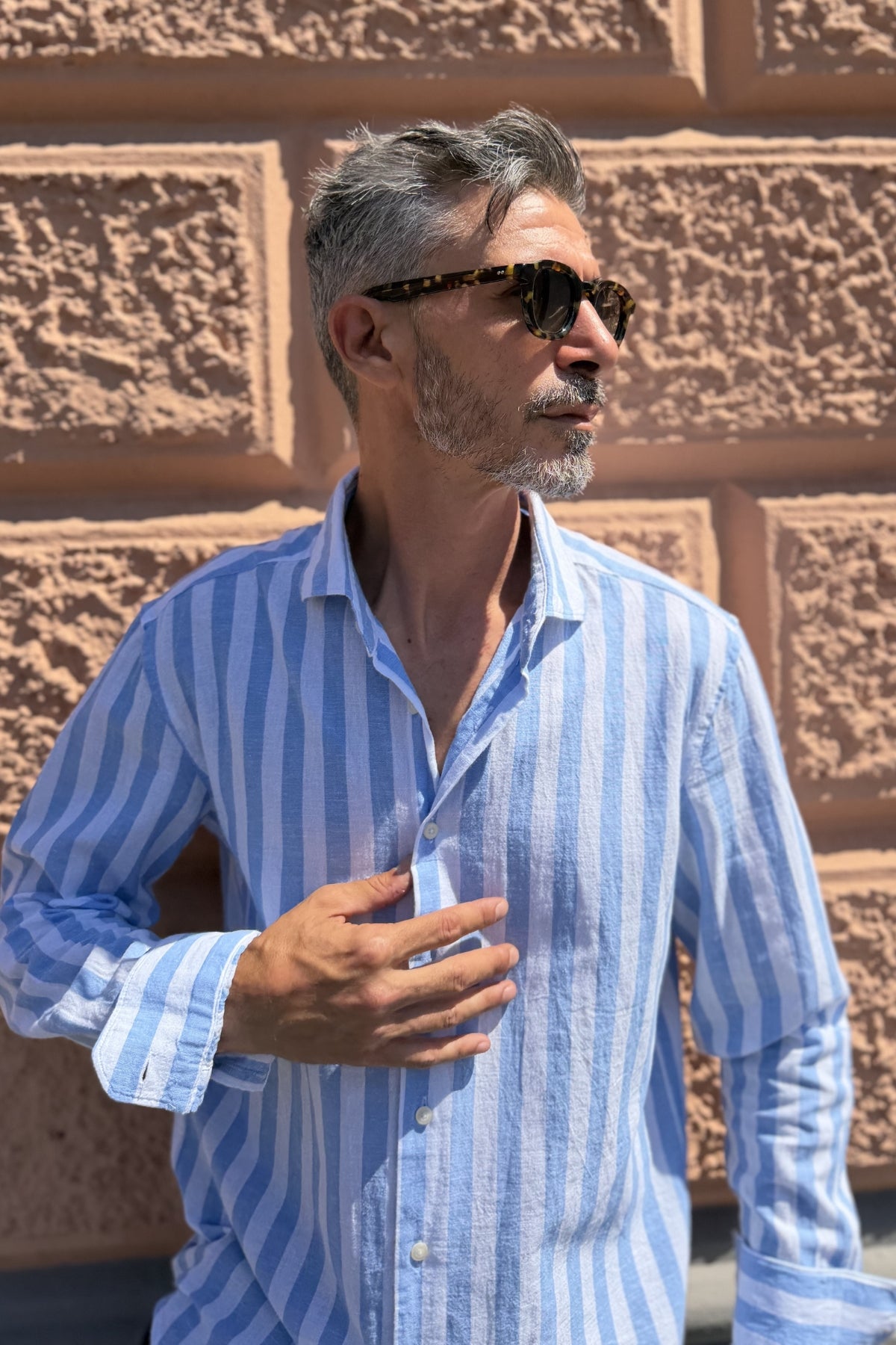 Four Brothers - Camicia Riga Larga Celeste