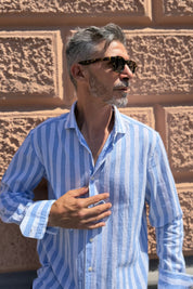 Four Brothers - Camicia Riga Larga Celeste