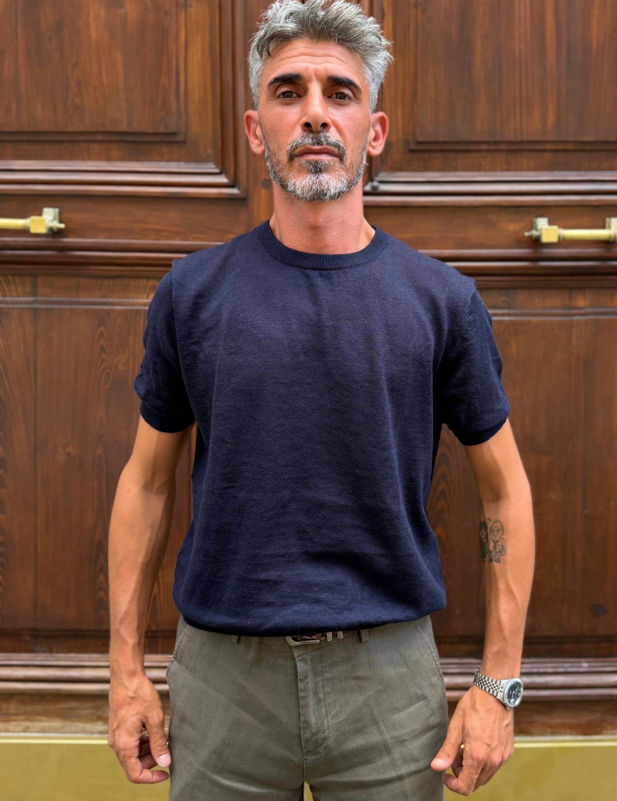 T-shirt Misto Lino Blu - vista laterale